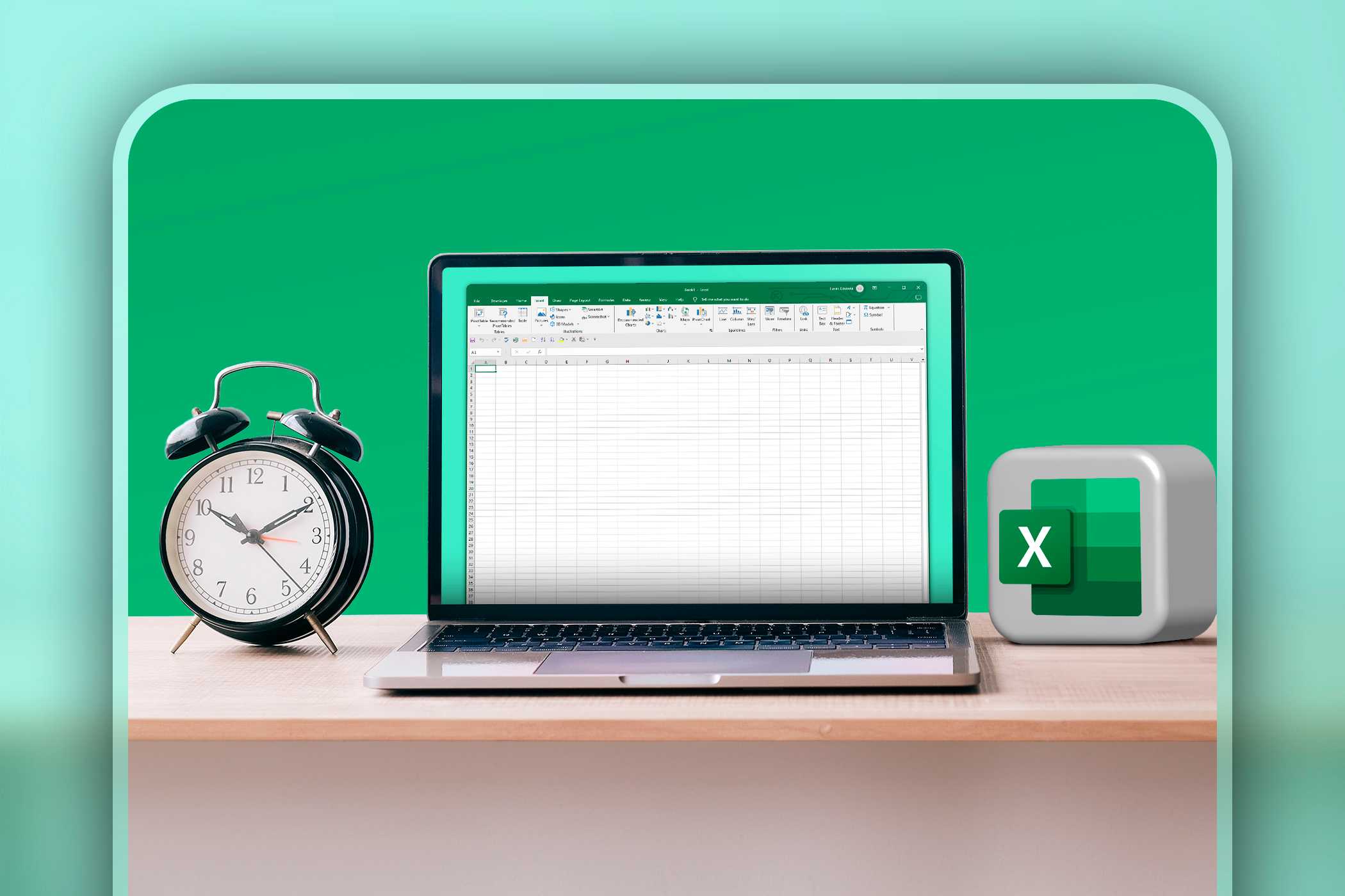 یک لپتاپ با اکسل باز، ساعت در سمت چپ و لوگوی اکسل در سمت راست.