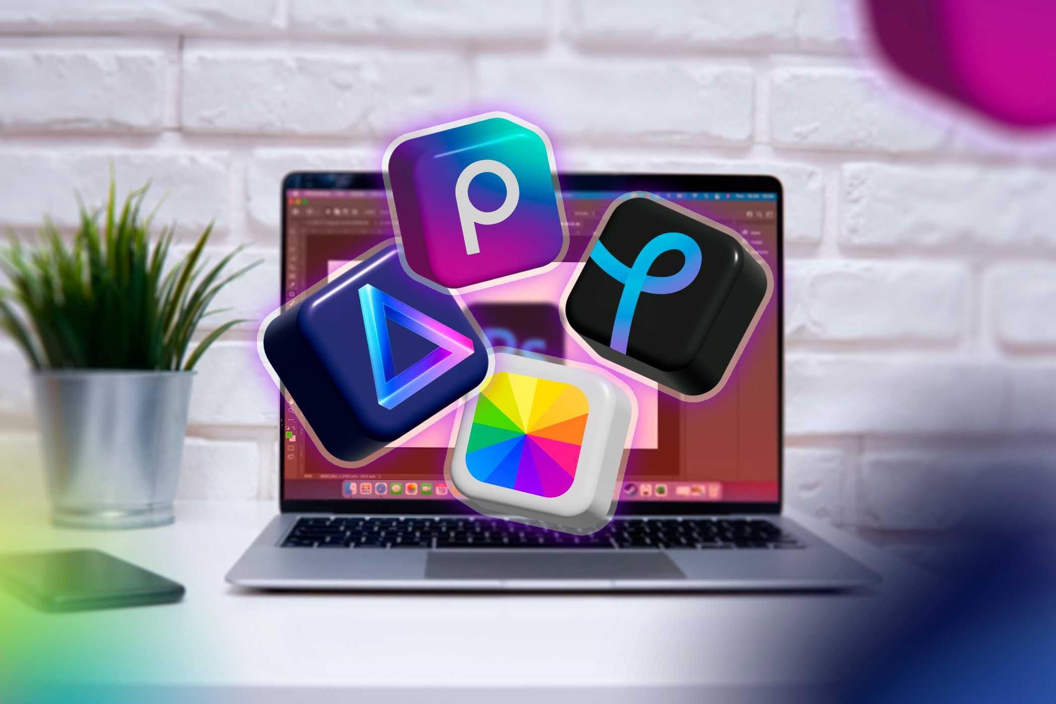 یک لپ‌تاپ با فتوشاپ باز و چند برنامه جایگزین که از صفحه نمایش ظاهر می‌شوند