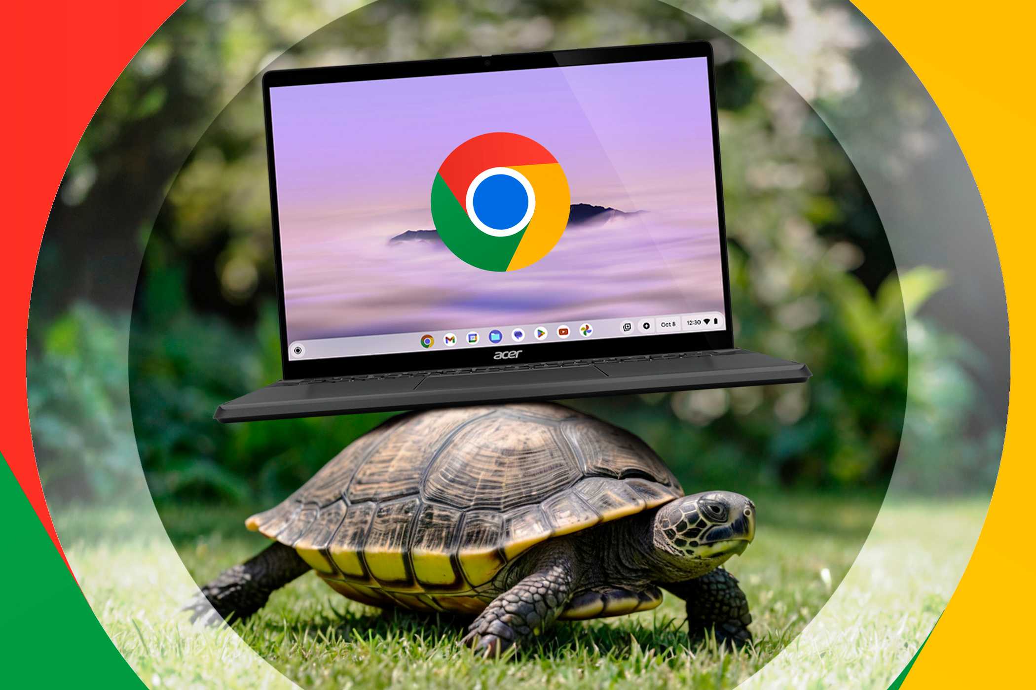 لاک‌پشتی که یک Chromebook را روی پوسته‌اش حمل می‌کند