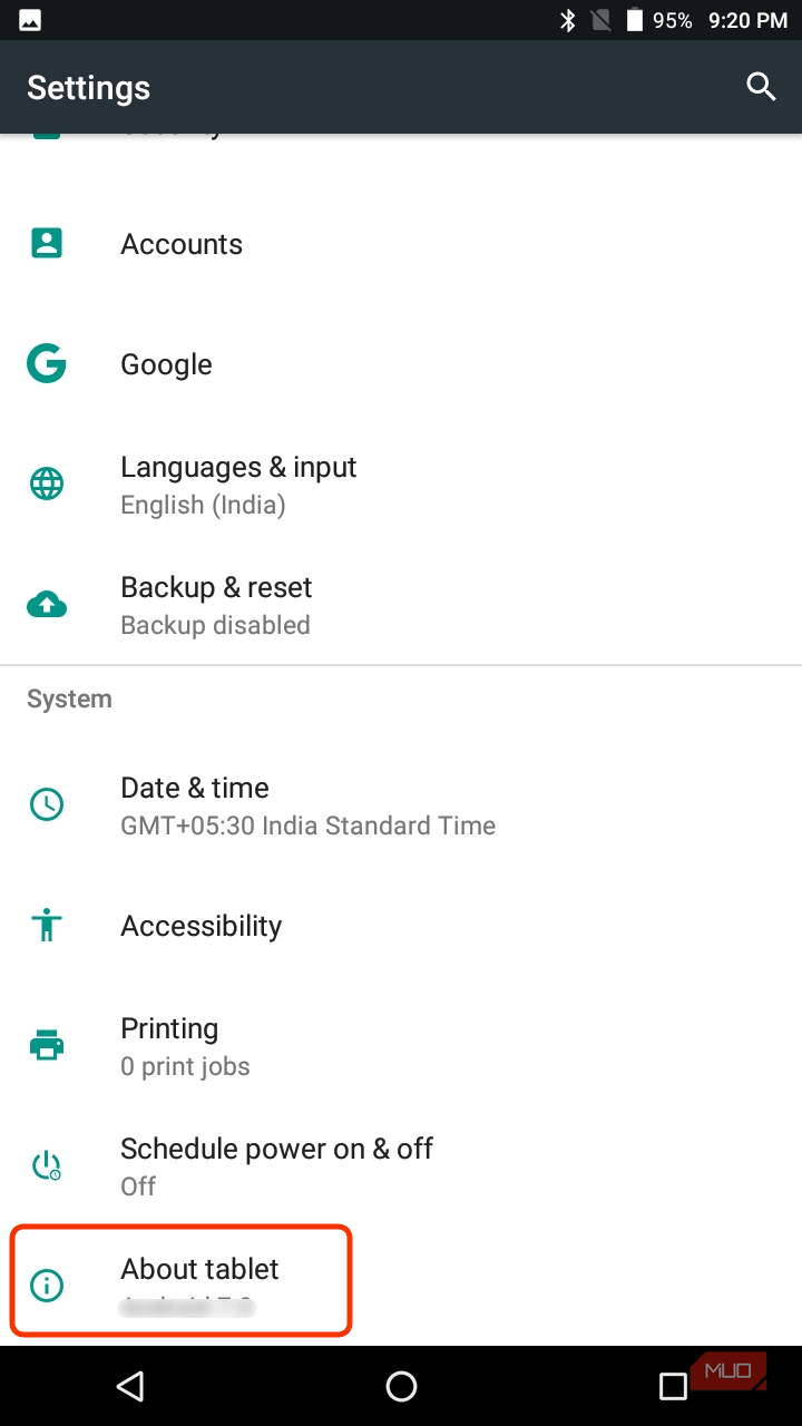 گزینه درباره تبلت در تنظیمات تبلت اندروید