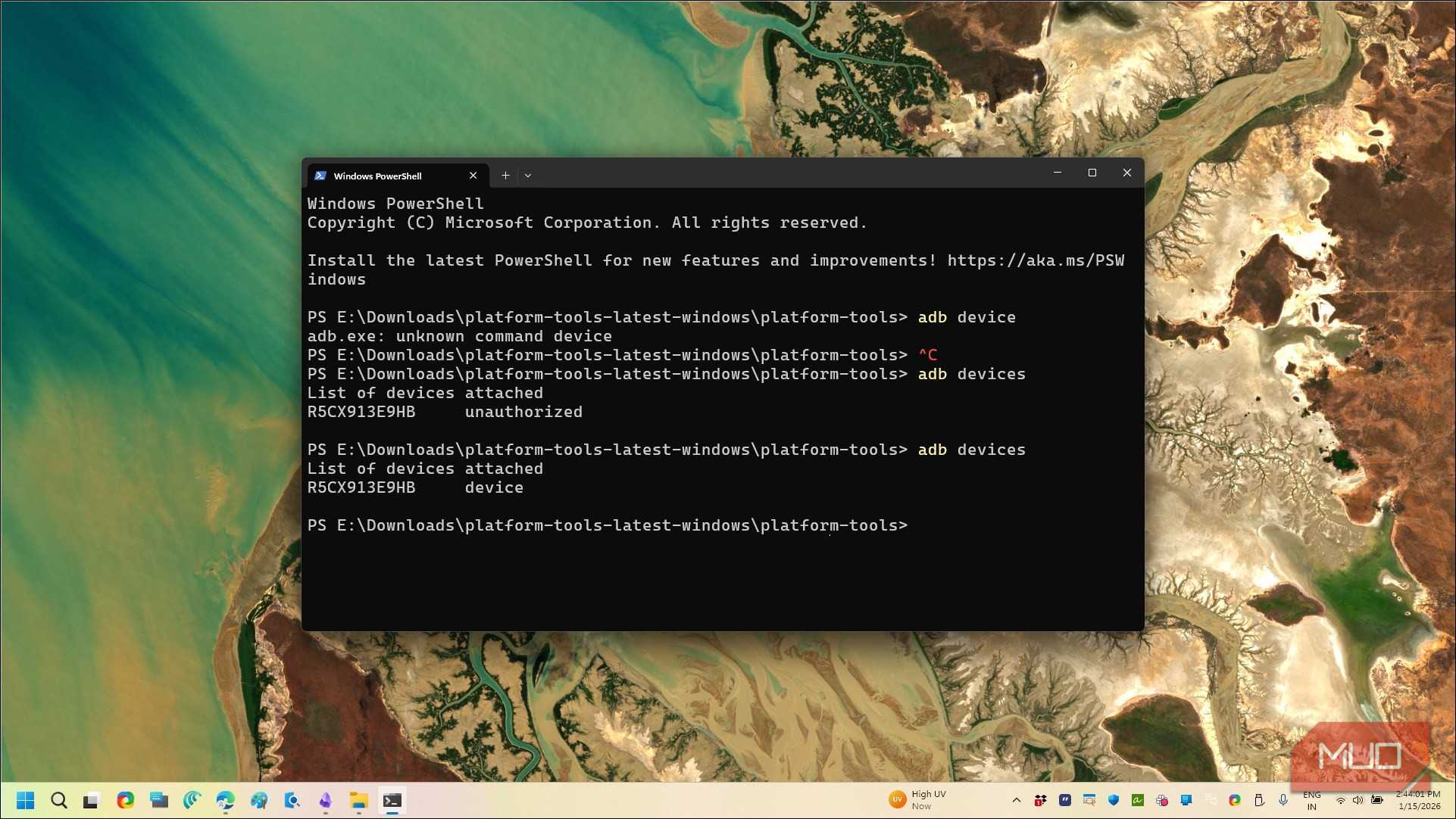 دستورات adb devices در ترمینال ویندوز ۱۱