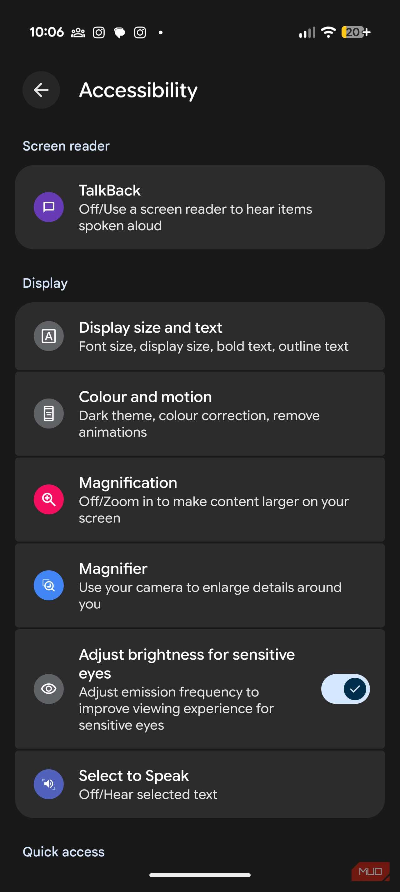 روشنایی برای چشم‌های حساس در برنامه تنظیمات فعال شد