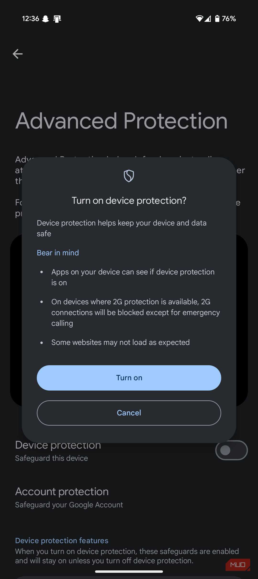 پاپ‑آپ هشدار حفاظت پیشرفته