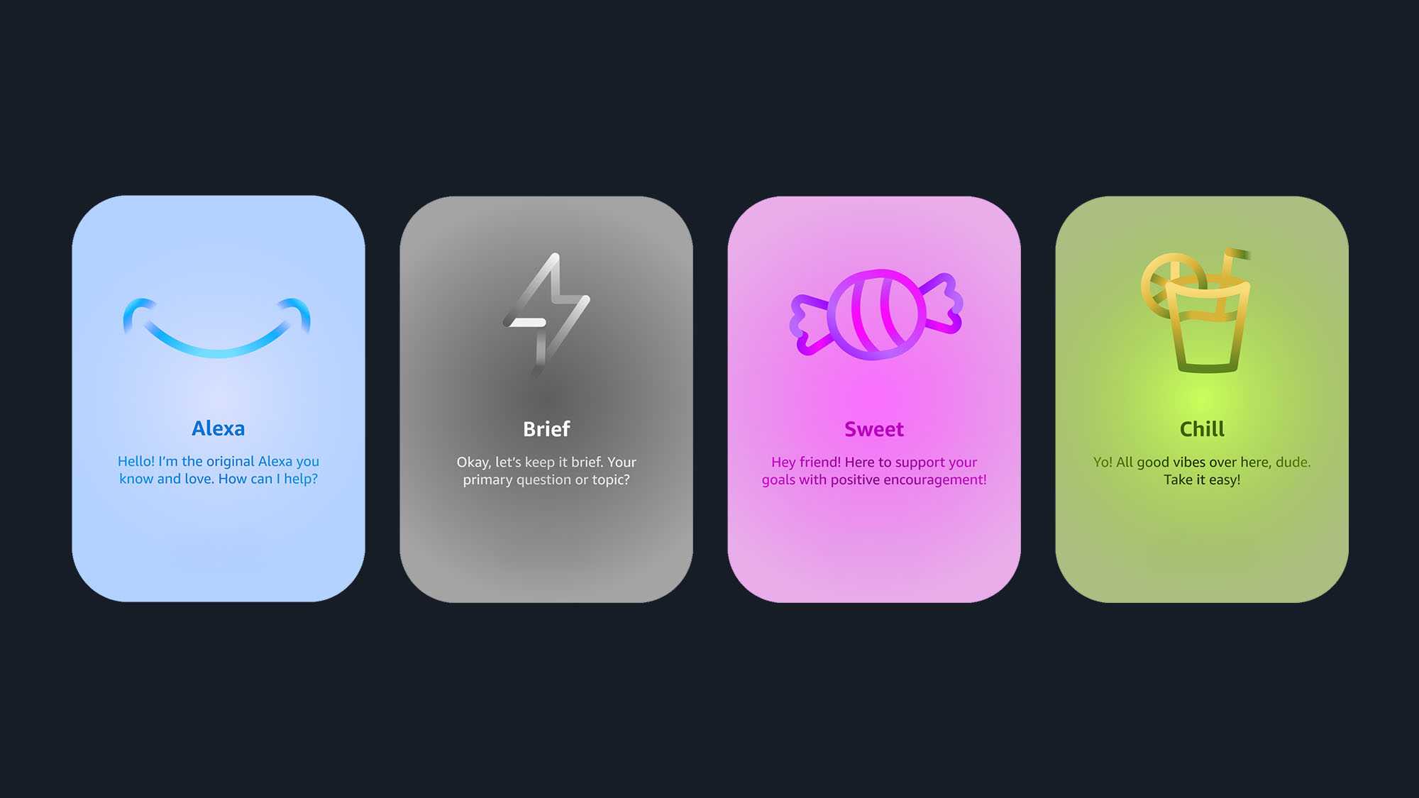 اینفوگرافیکی که چهار گزینه شخصیتی الکسا را نشان میدهد.