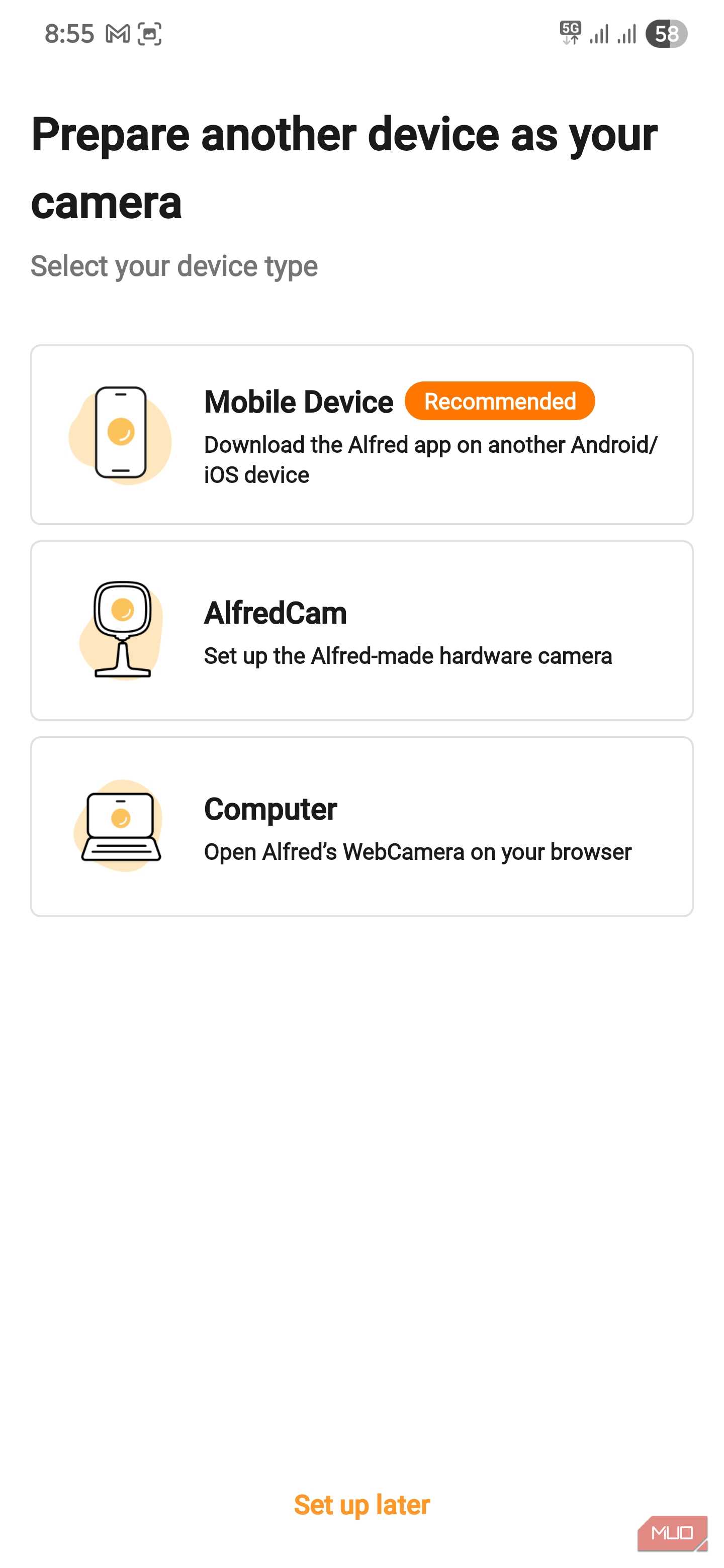 صفحه تنظیم دستگاه AlfredCamera با گزینه‌های Mobile، AlfredCam و Computer