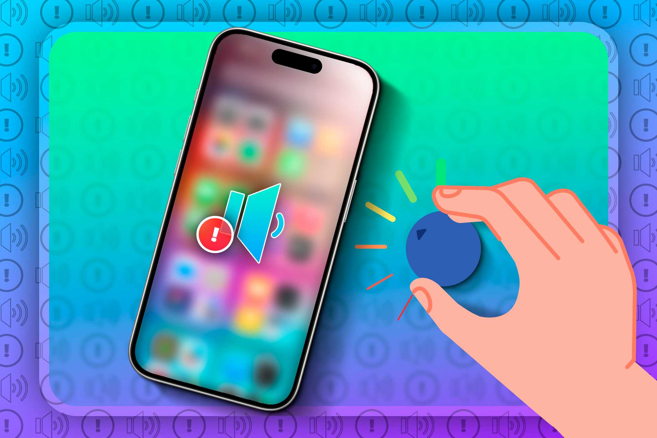 آیفون با نماد صدا کم و تصویر دستی که دکمه را برای افزایش صدا می‌چرخاند.