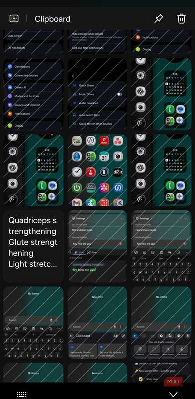 تاریخچه کلیپ‌بورد اندروید نمایش‌دهندهٔ چندین مورد متن و تصویر ذخیره‌شده