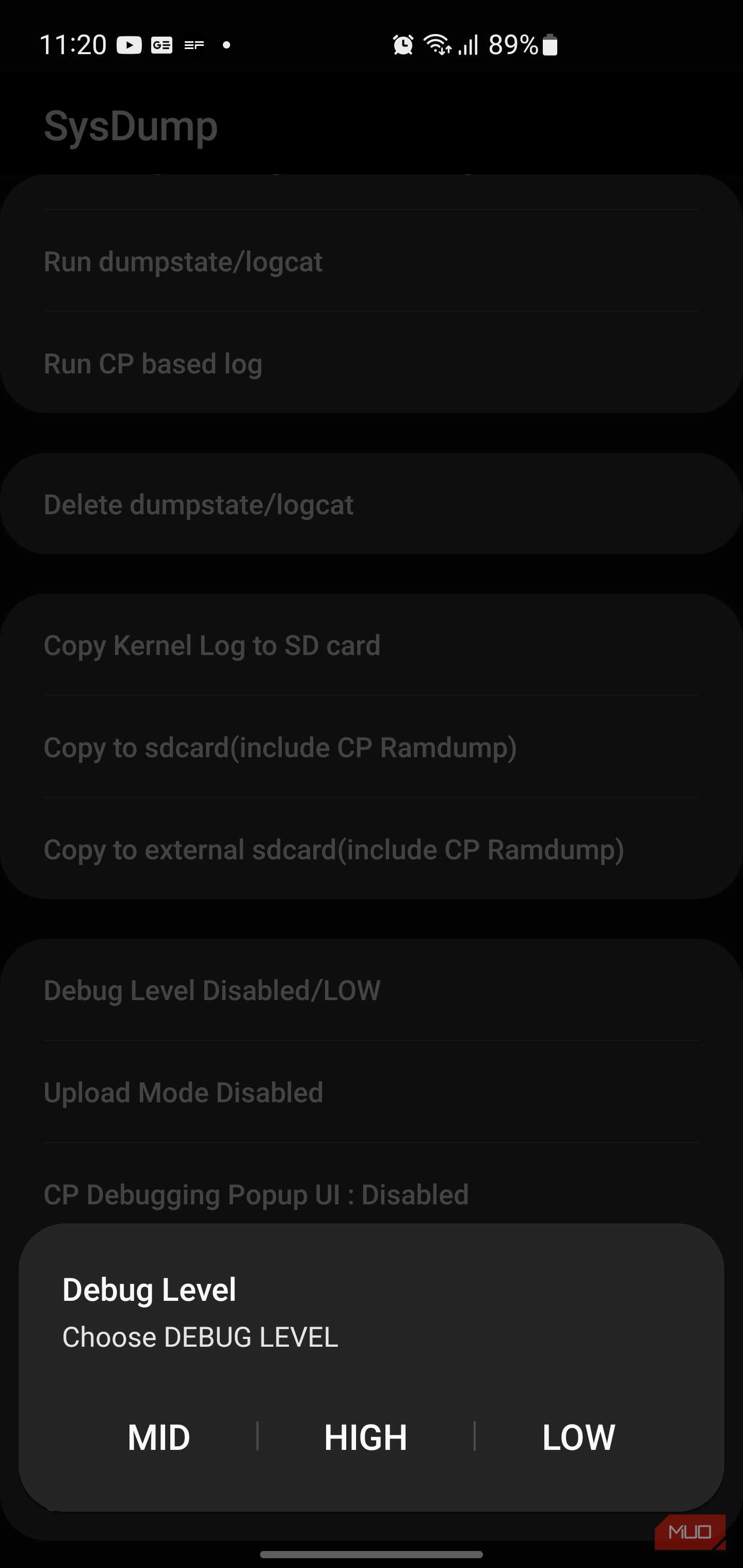 پاپ‌آپ انتخاب سطح دیباگ اندروید با گزینه‌های متوسط، بالا و پایین