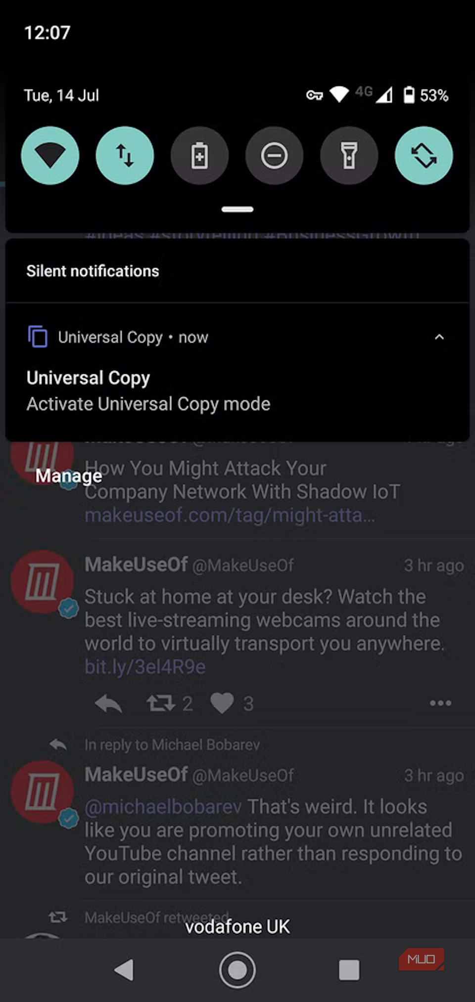 قاب اعلان اندروید که درخواست فعال‌سازی حالت Universal Copy را نشان می‌دهد
