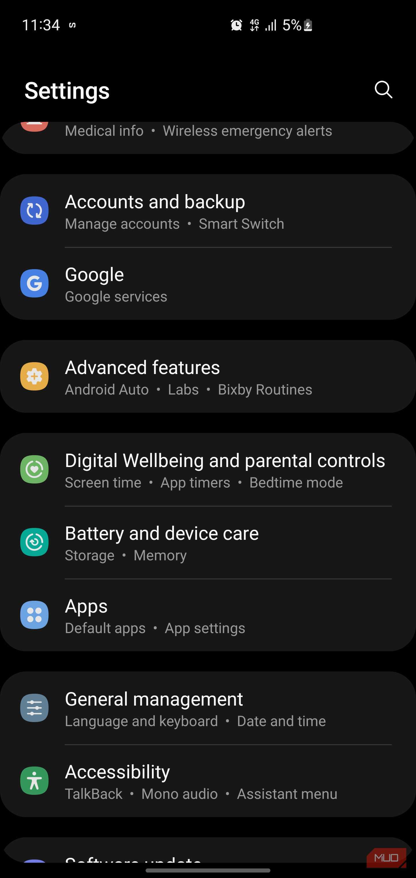 منوی تنظیمات Android.