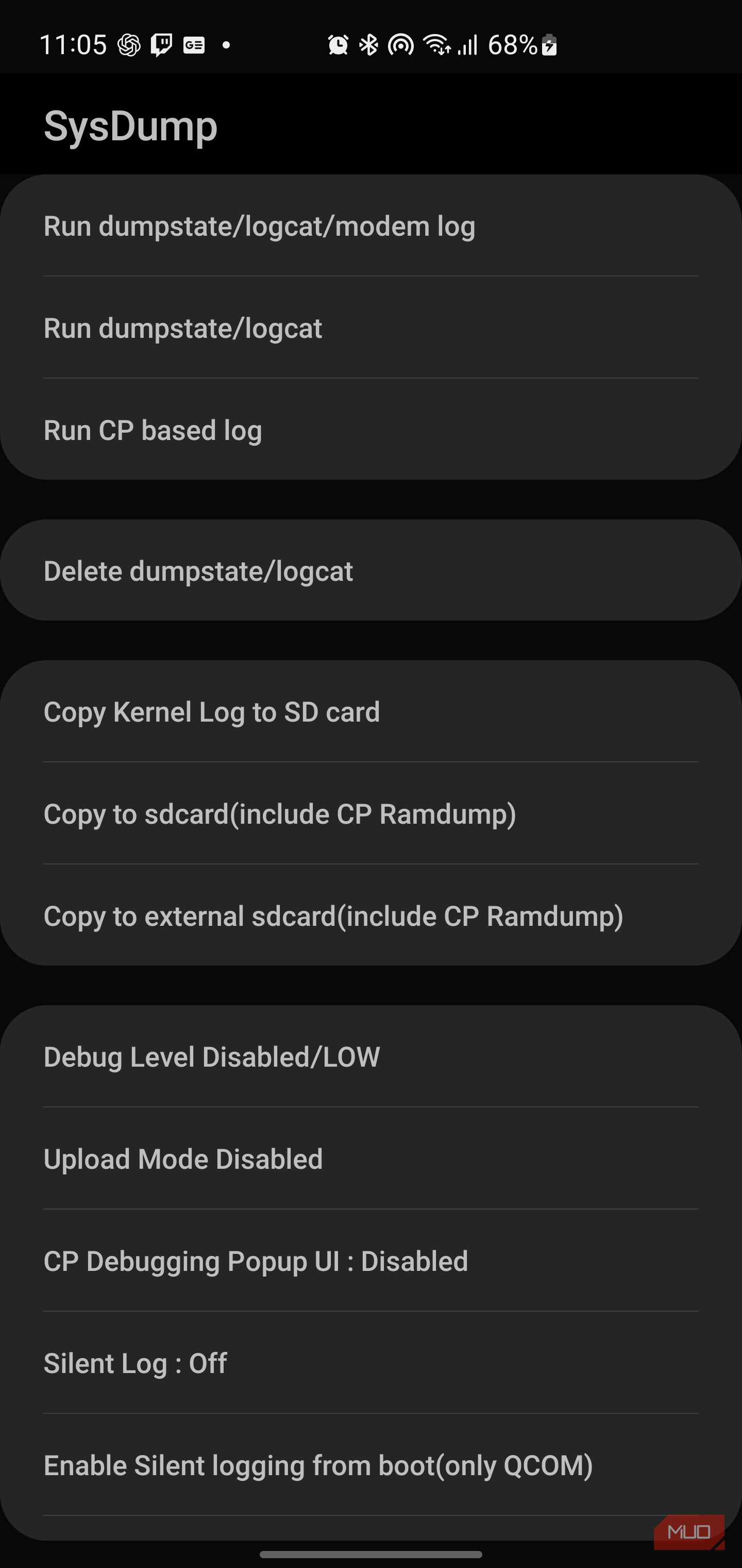 منوی Android SysDump شامل گزینه‌هایی برای اجرای لاگ‌ها و حذف فایل‌های dumpstatelogcat