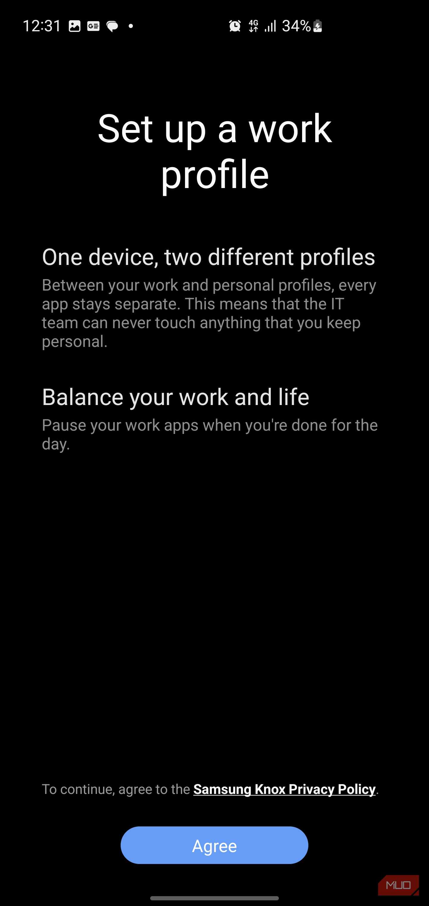 صفحه سیستم اندروید برای تنظیم پروفایل کاری به‌منظور جداسازی برنامه‌های کاری و شخصی.
