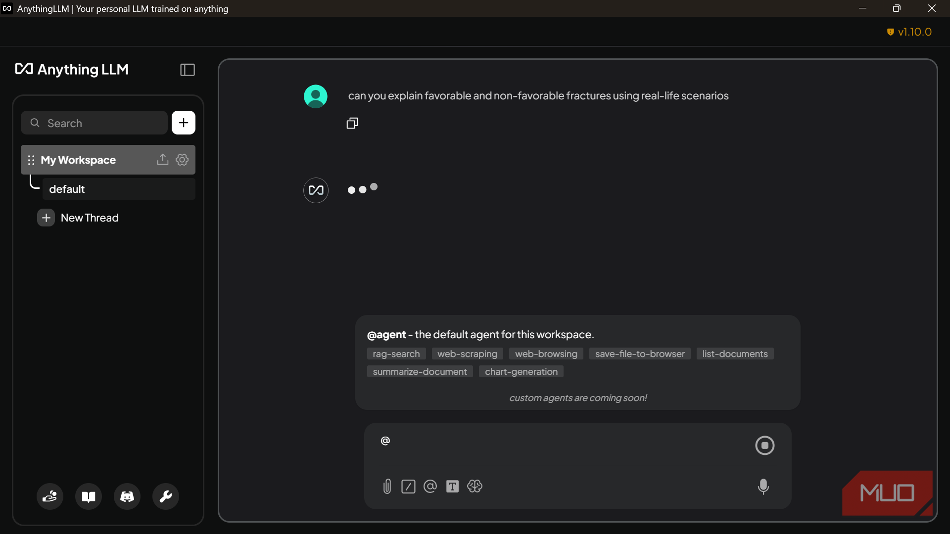 رابط گفتگو AnythingLLM که یک پرامپت فعال @agent را نشان میدهد.