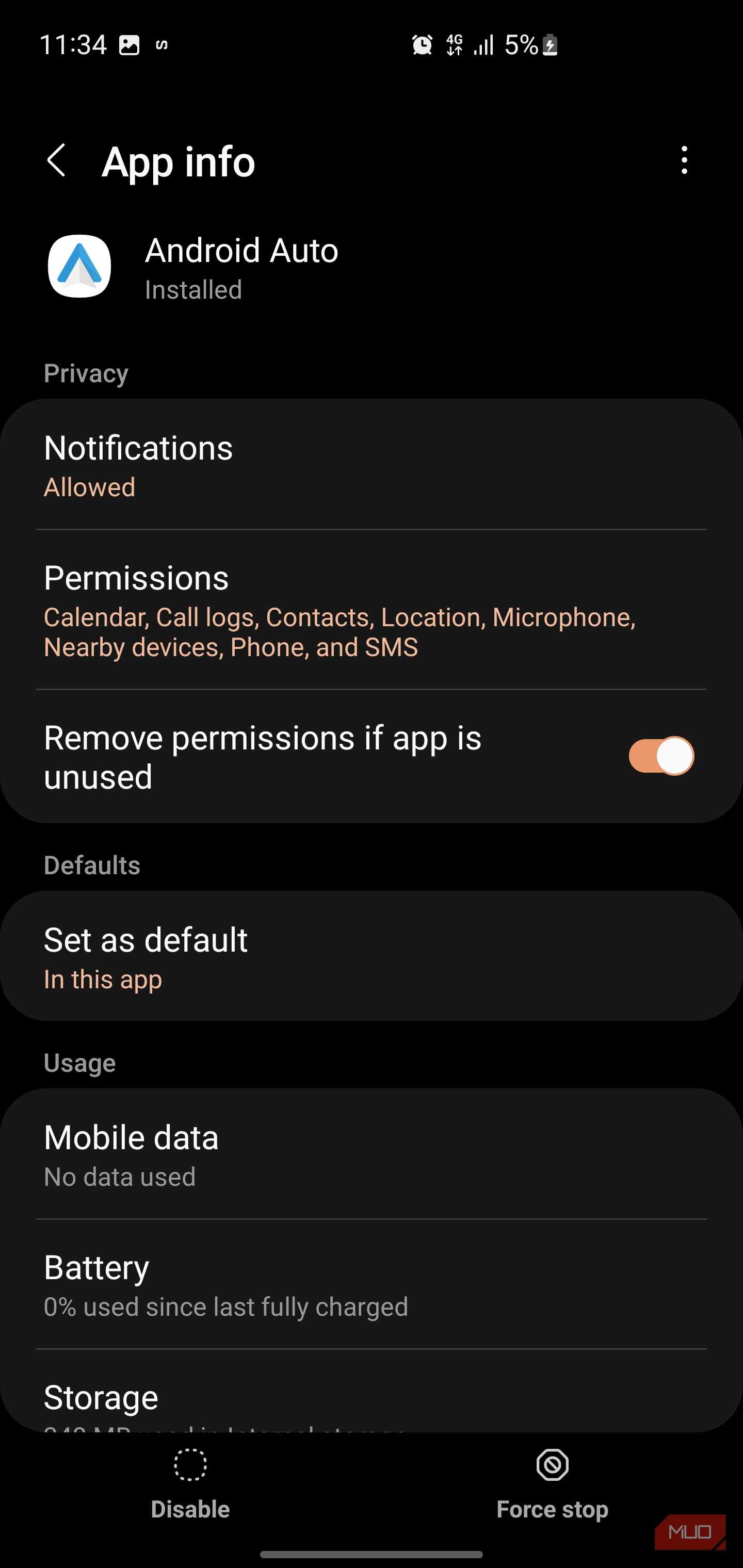 صفحه اطلاعات برنامه برای Android Auto.
