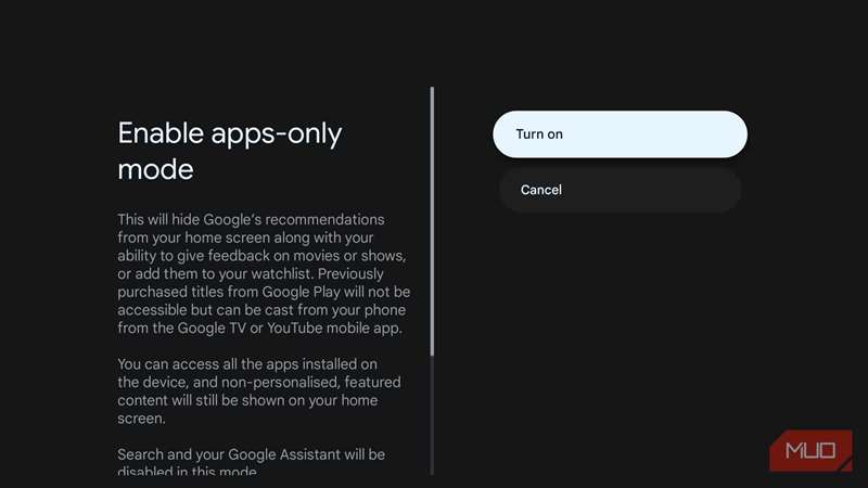 منوی حالت فقط‑برنامه‌ها در Google TV