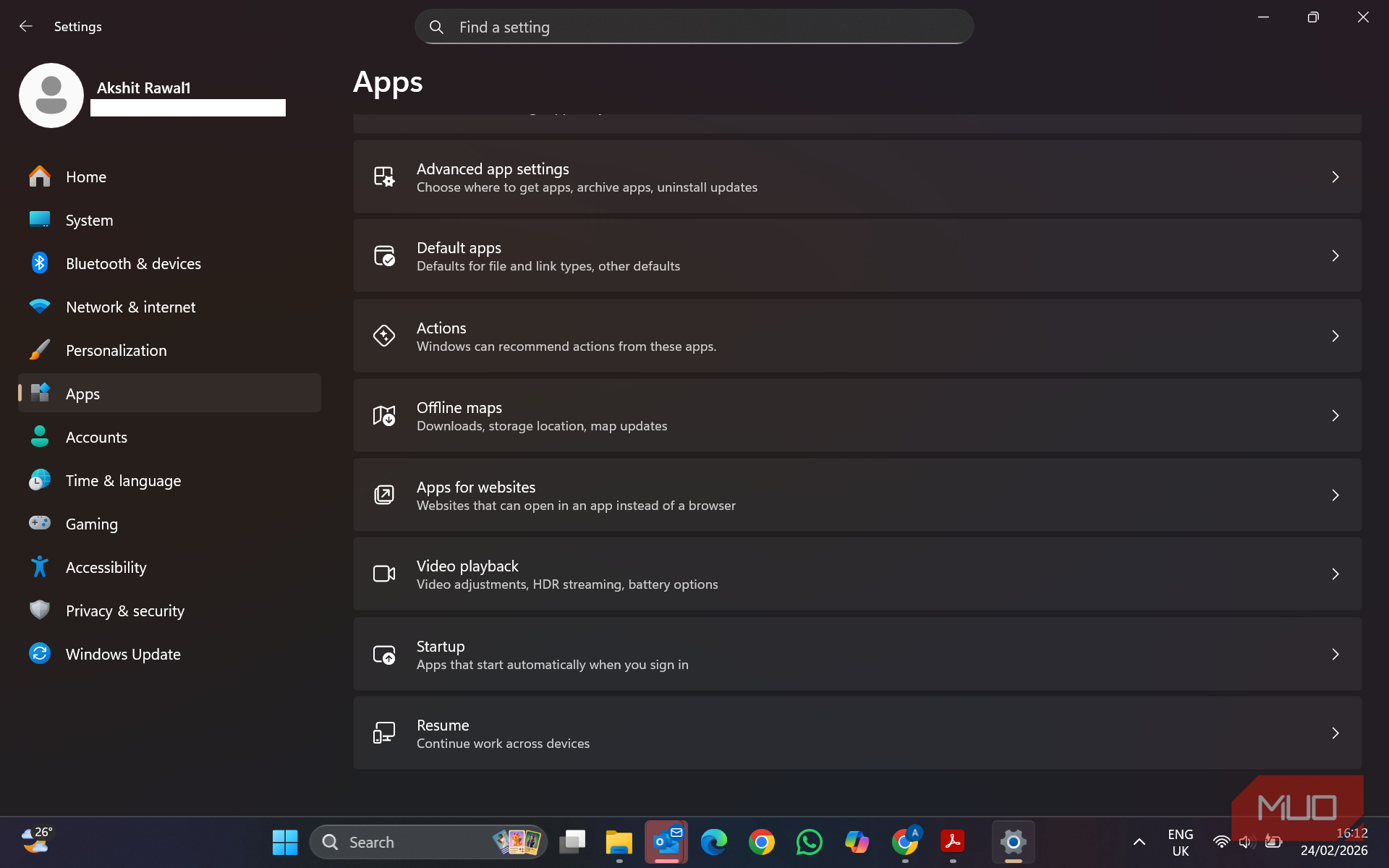 بخش برنامه‌ها در تنظیمات ویندوز
