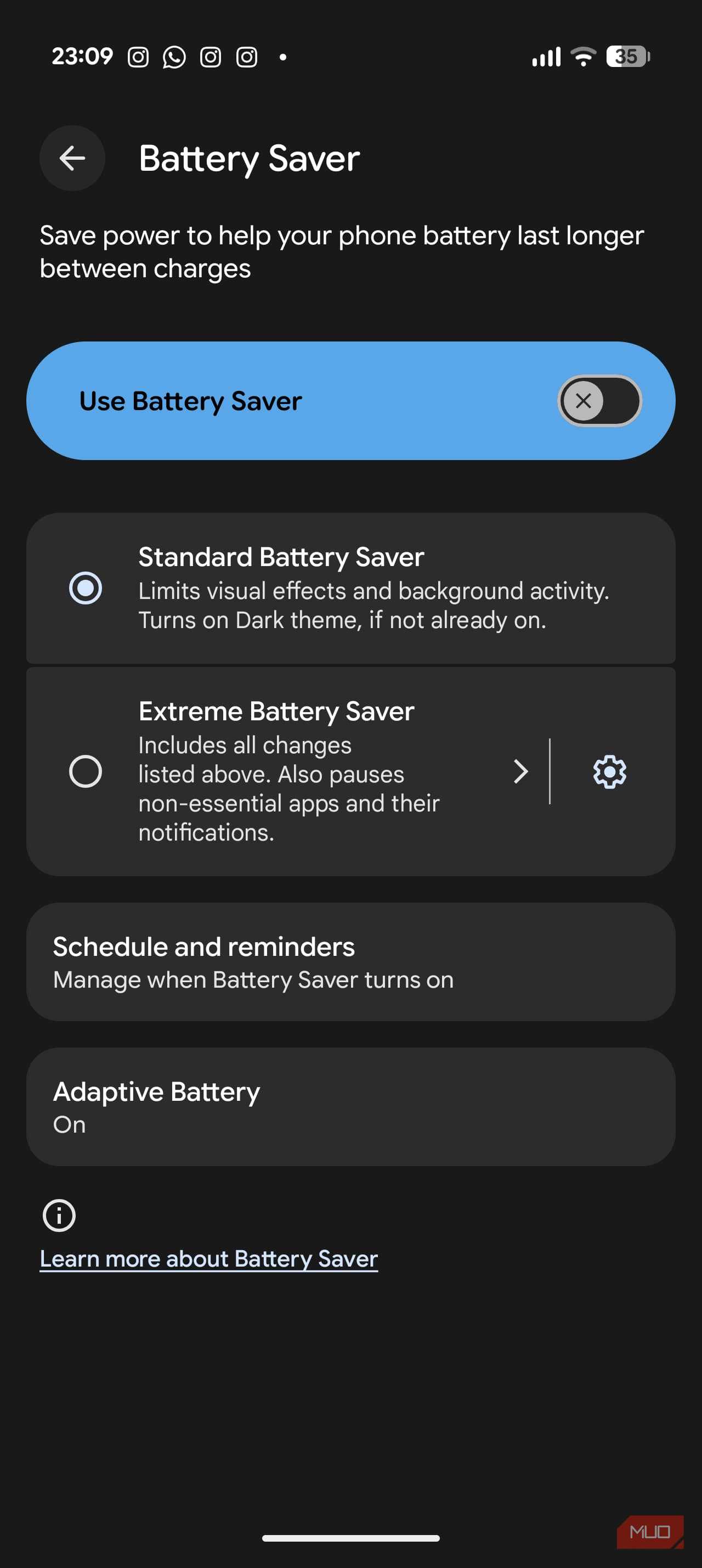 تنظیمات صرفه‌جویی باتری باز شده در گوگل پیکسل 10 پرو