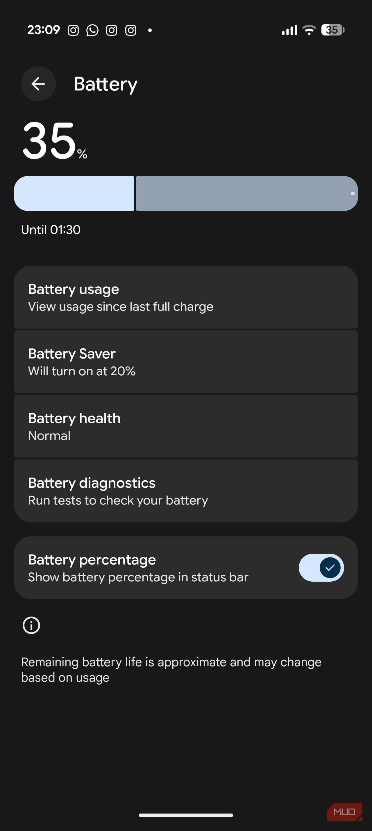 تنظیمات باتری باز شده در گوگل پیکسل 10 پرو