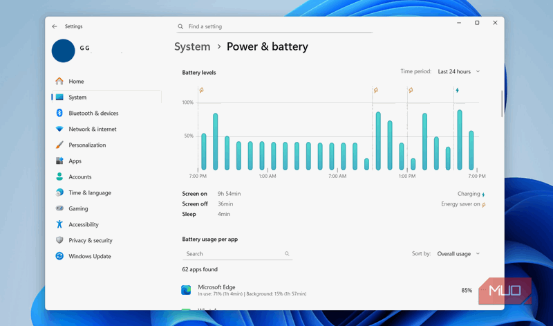 منوی استفاده از باتری در ویندوز