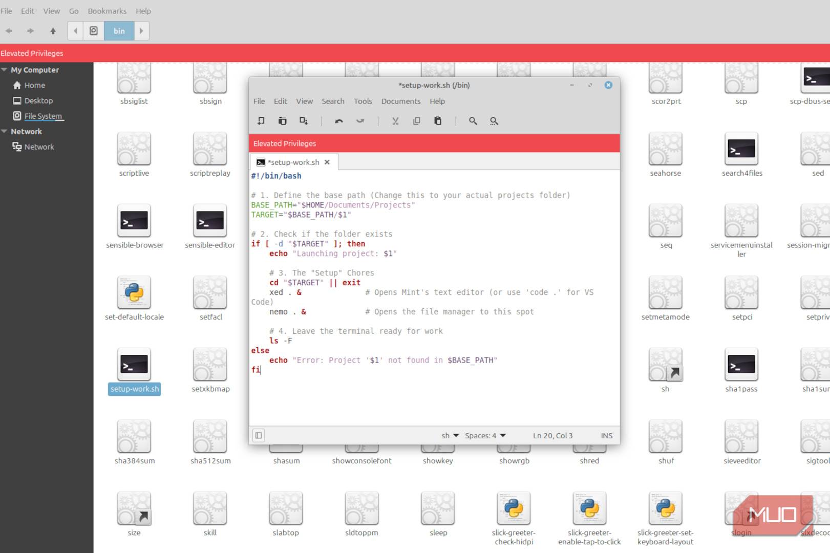 تصویری که یک اسکریپت باز bash را در پوشه bin یک سیستم لینوکس نشان می‌دهد