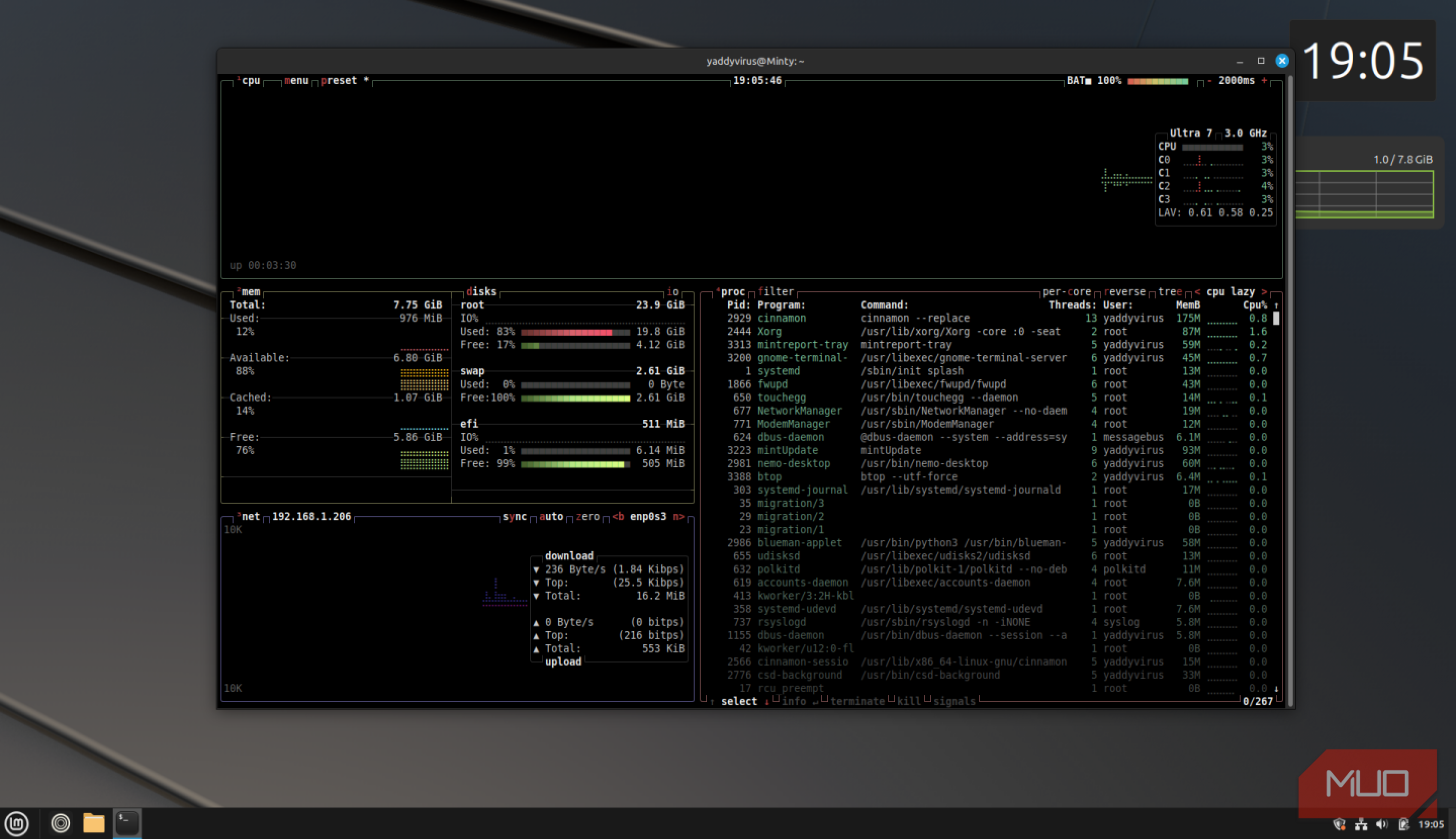btop در حال اجرا بر روی لینوکس مینت.