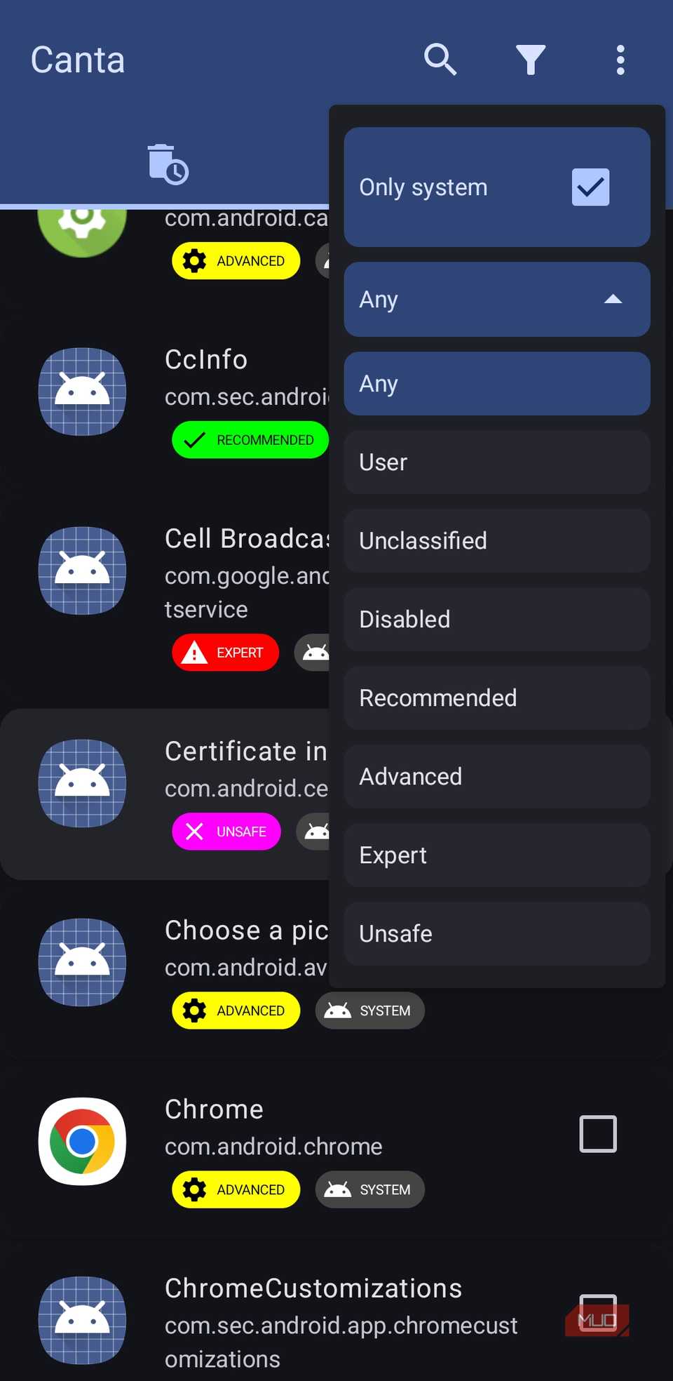 منوی فیلتر برنامه کانتا در گوشی اندروید
