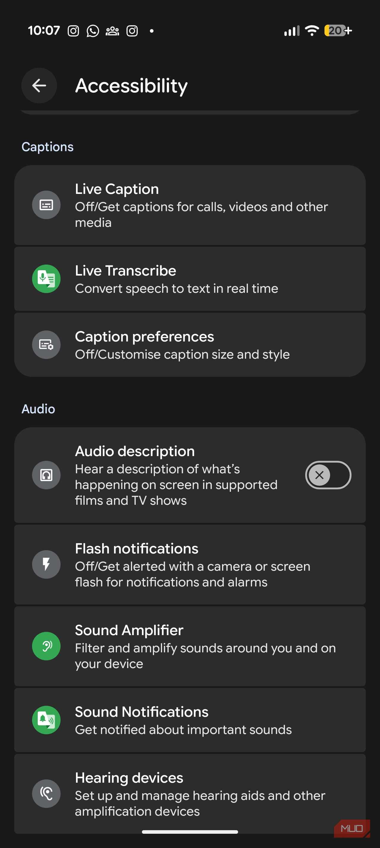 زبانه زیرنویس‌ها در تنظیمات دسترسی‌پذیری قابل مشاهده است