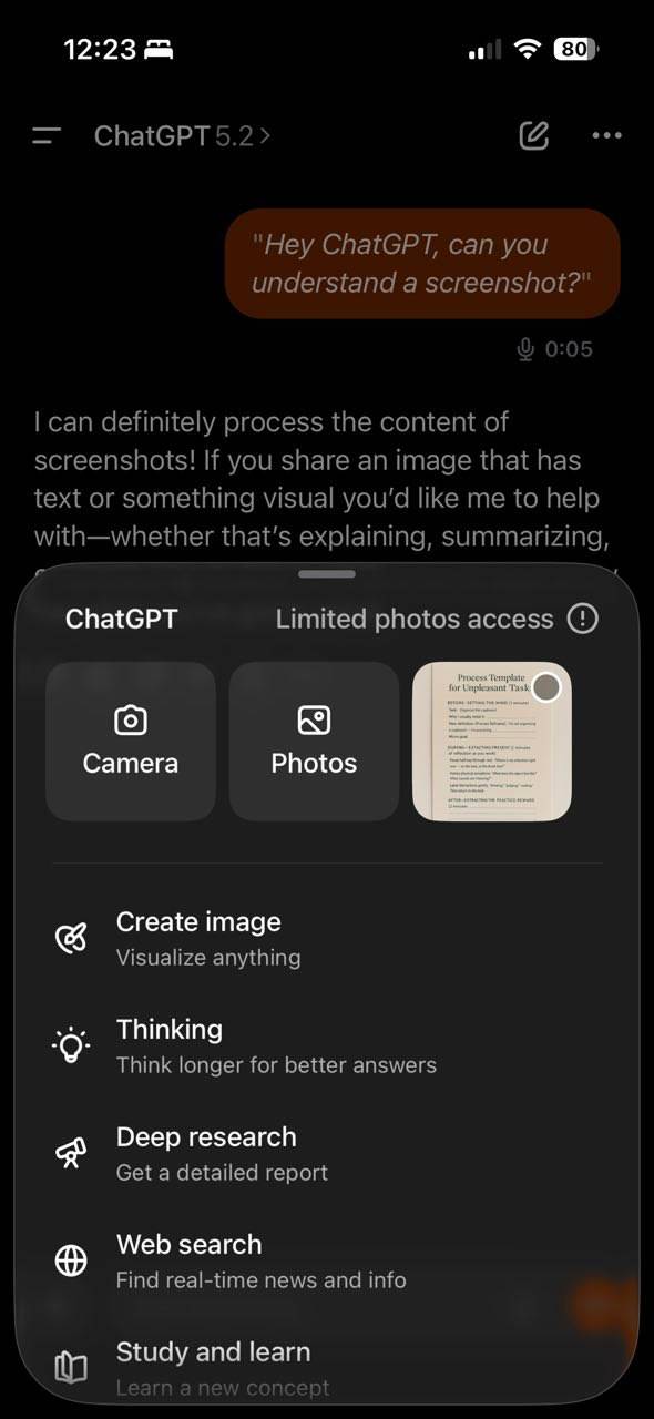 استفاده از ابزار دوربین برای ضبط تصویر در ChatGPT.
