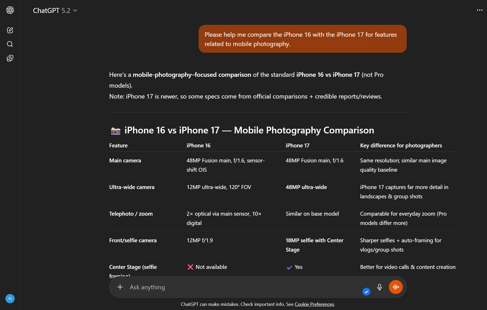 جدول مقایسهای ChatGPT برای تصمیمگیری بین دو مدل iPhone.