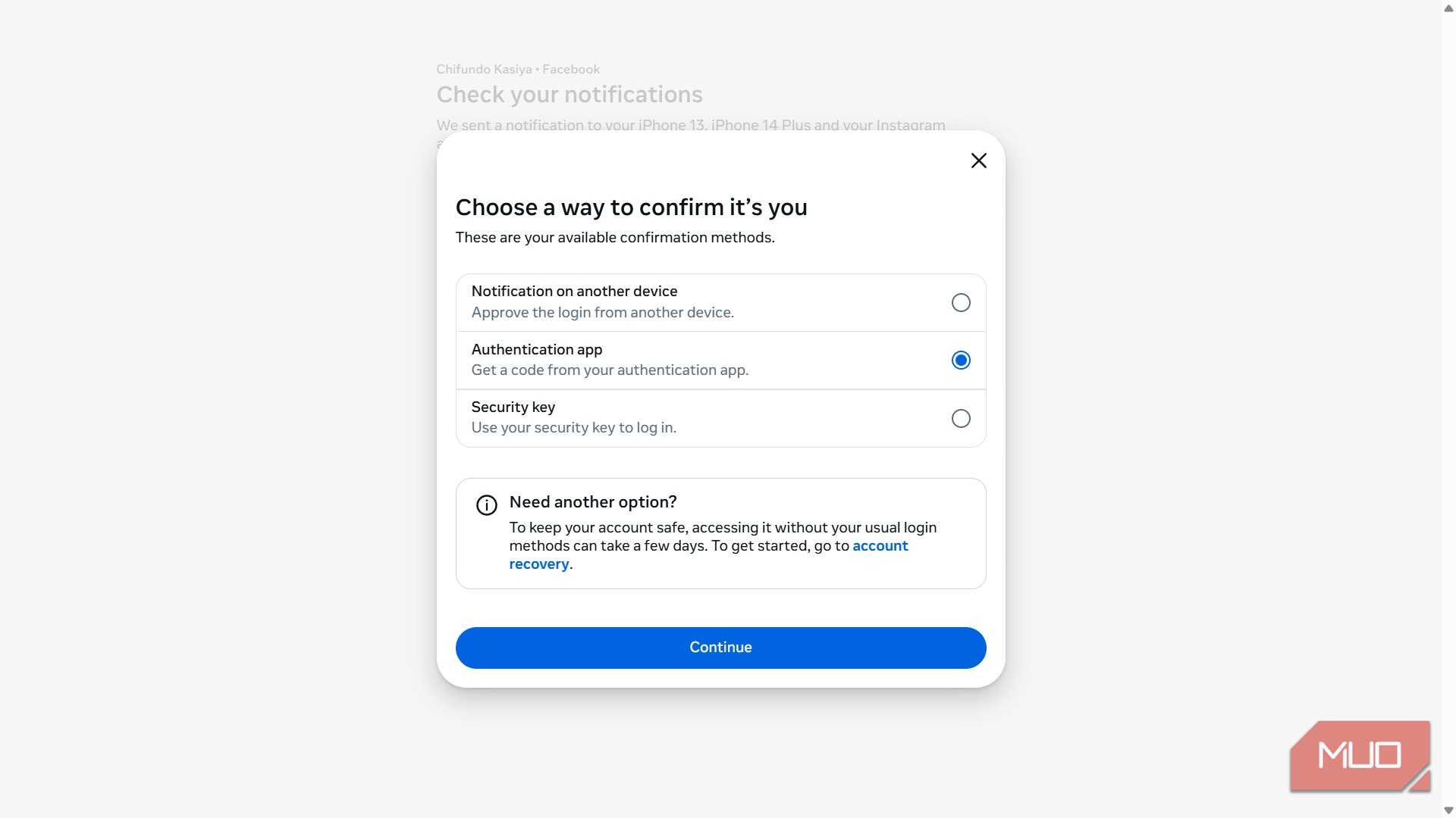 انتخاب یک عامل تأیید هویت دیگر در Facebook