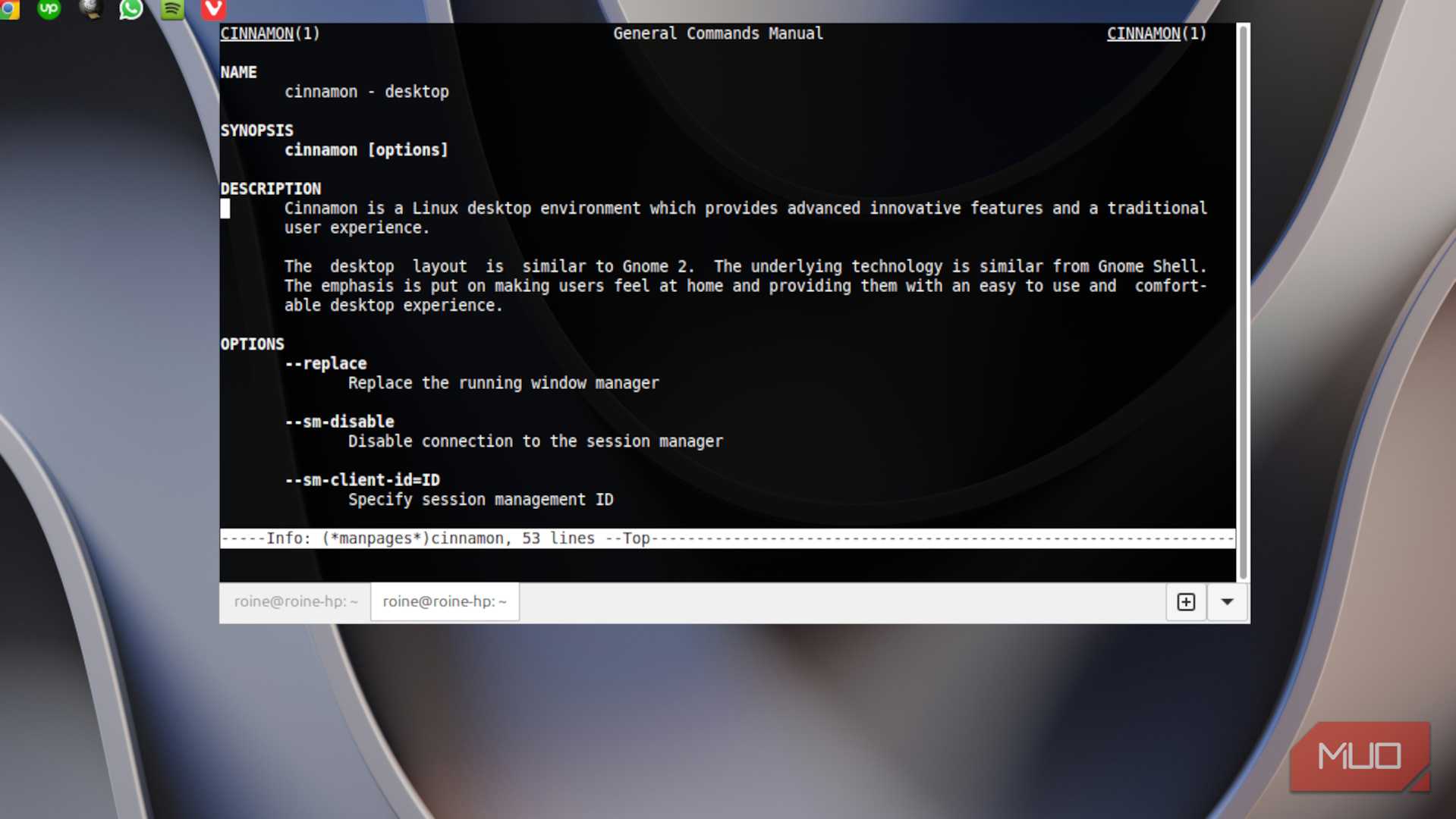 بخش کمک Cinnamon که در یک ترمینال لینوکس دیده می‌شود