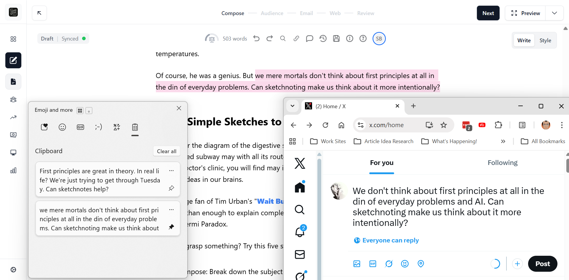 استفاده از کپی‑چسباندن via تاریخچه کلیپ بورد برای انتشار قطعات در شبکه‌های اجتماعی.