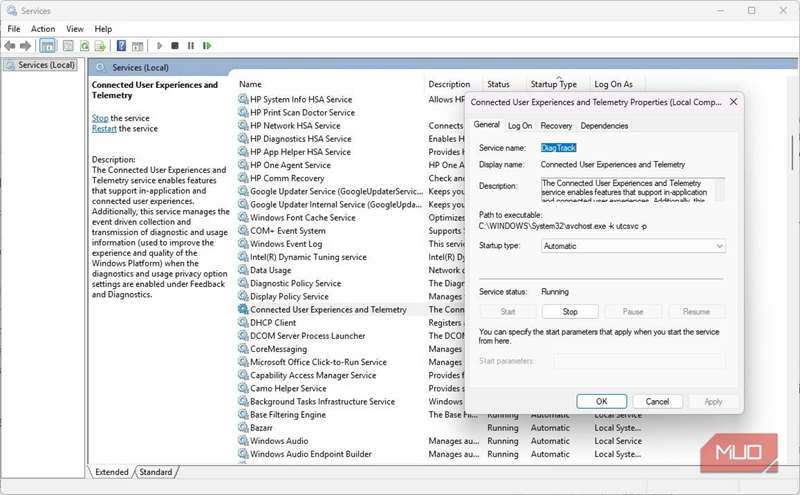سرویس Connected User Experiences and Telemetry با وضعیت اجرا