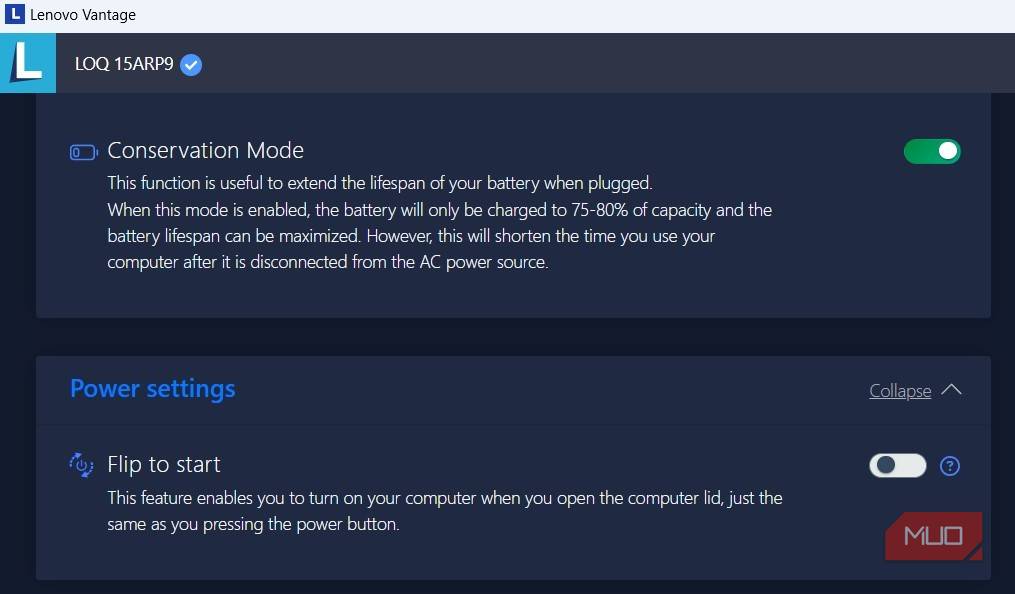 گزینه حالت صرفه‌جویی در Lenovo Vantage