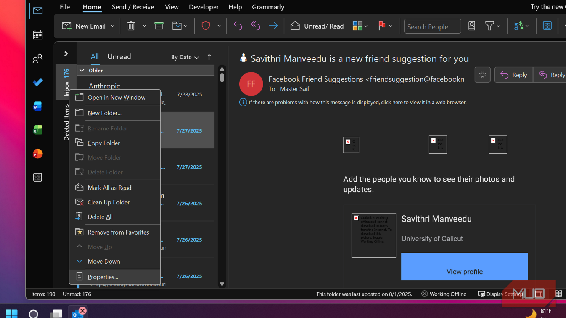 منوی زمینه پوشه در کلاینت کلاسیک Outlook برای ویندوز