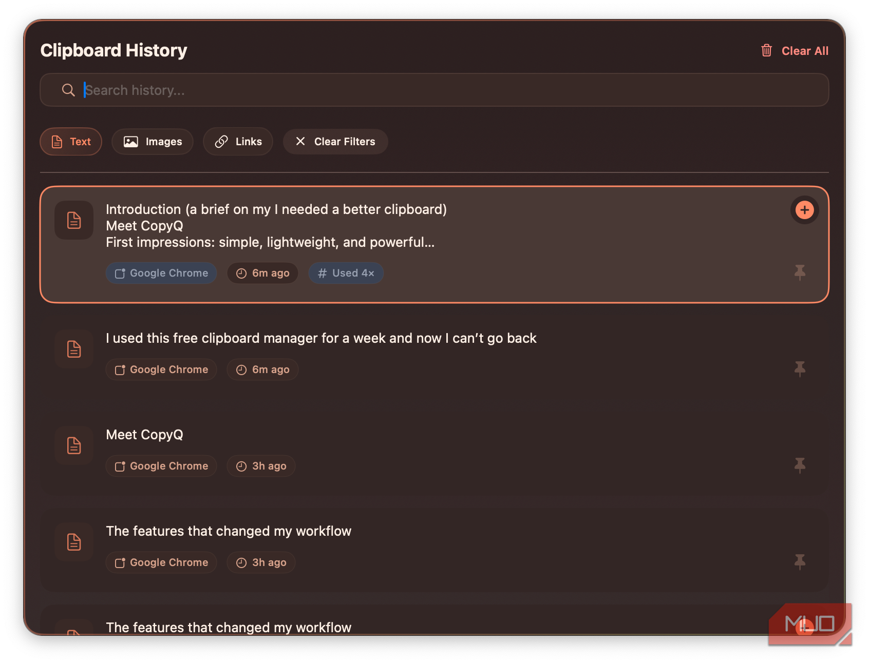 زبانه متن CopyQ