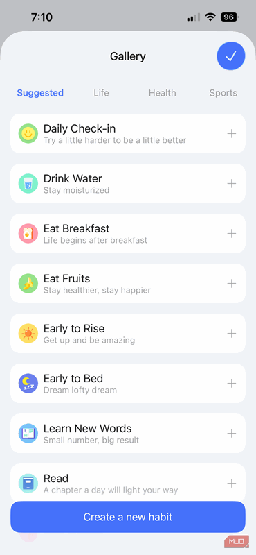 ایجاد یک عادت جدید در برنامه موبایل TickTick بر روی آیفون
