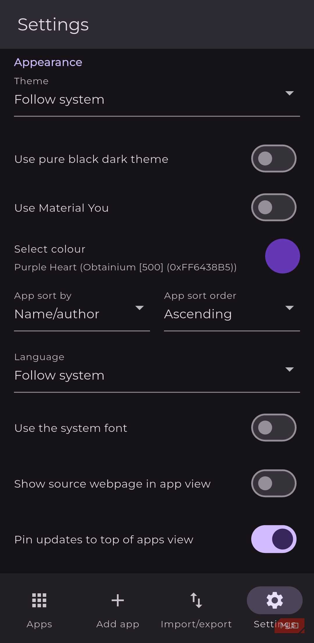 گزینههای سفارشیسازی در Obtainium