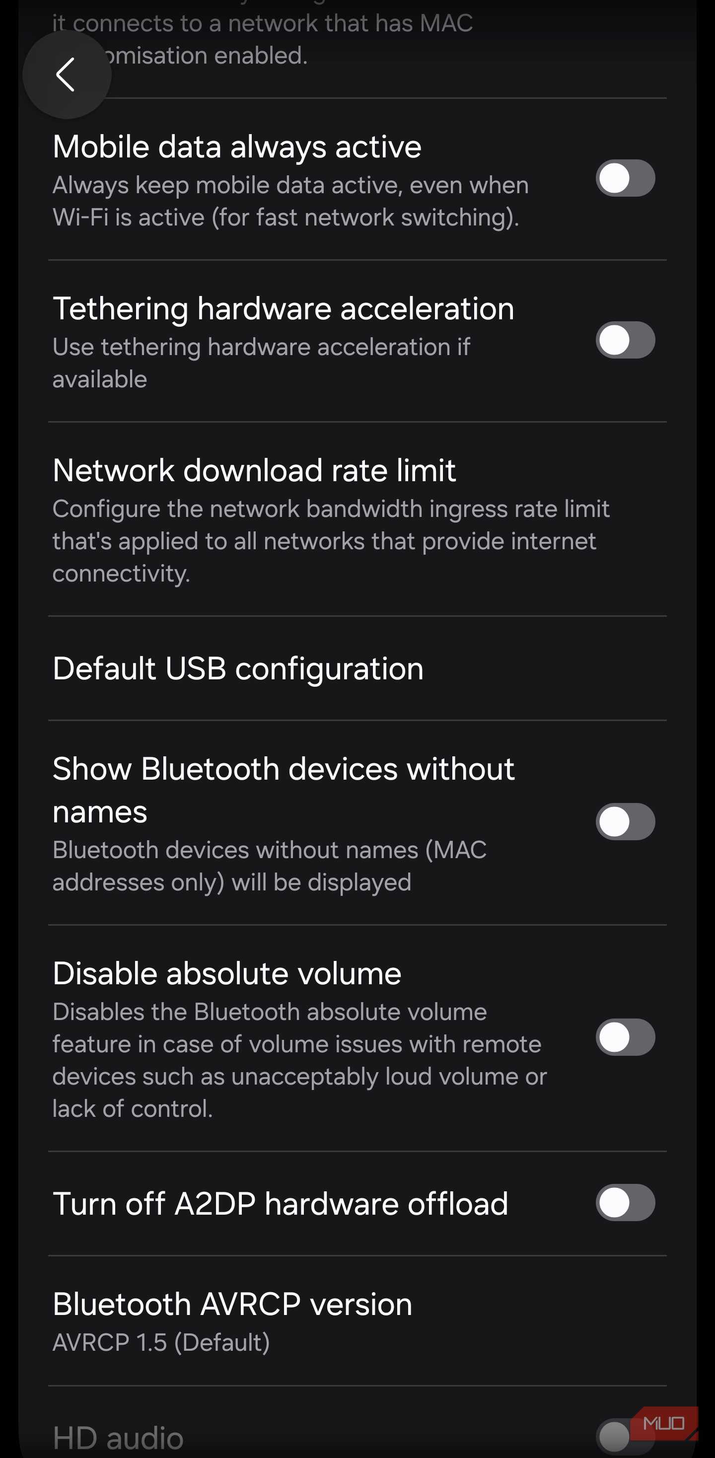 پیکربندی USB پیش‌فرض در گزینه‌های توسعه‌دهنده
