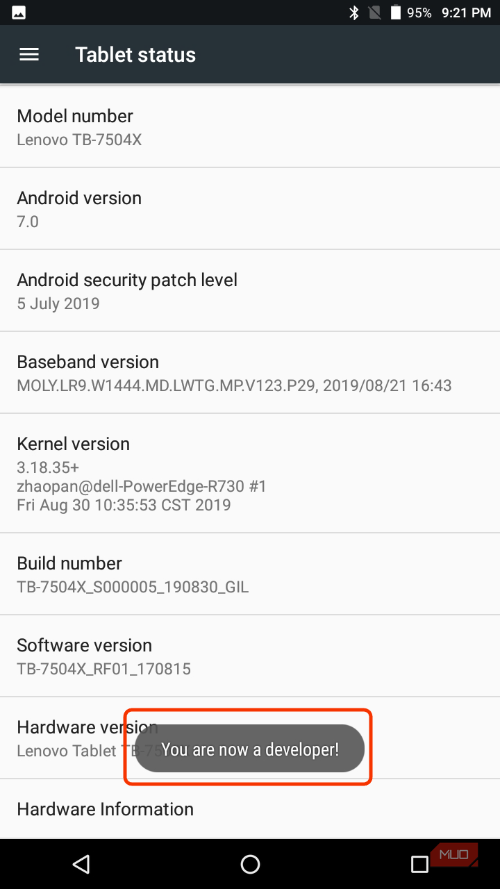 گزینههای توسعهدهنده فعال شده در تبلت اندروید