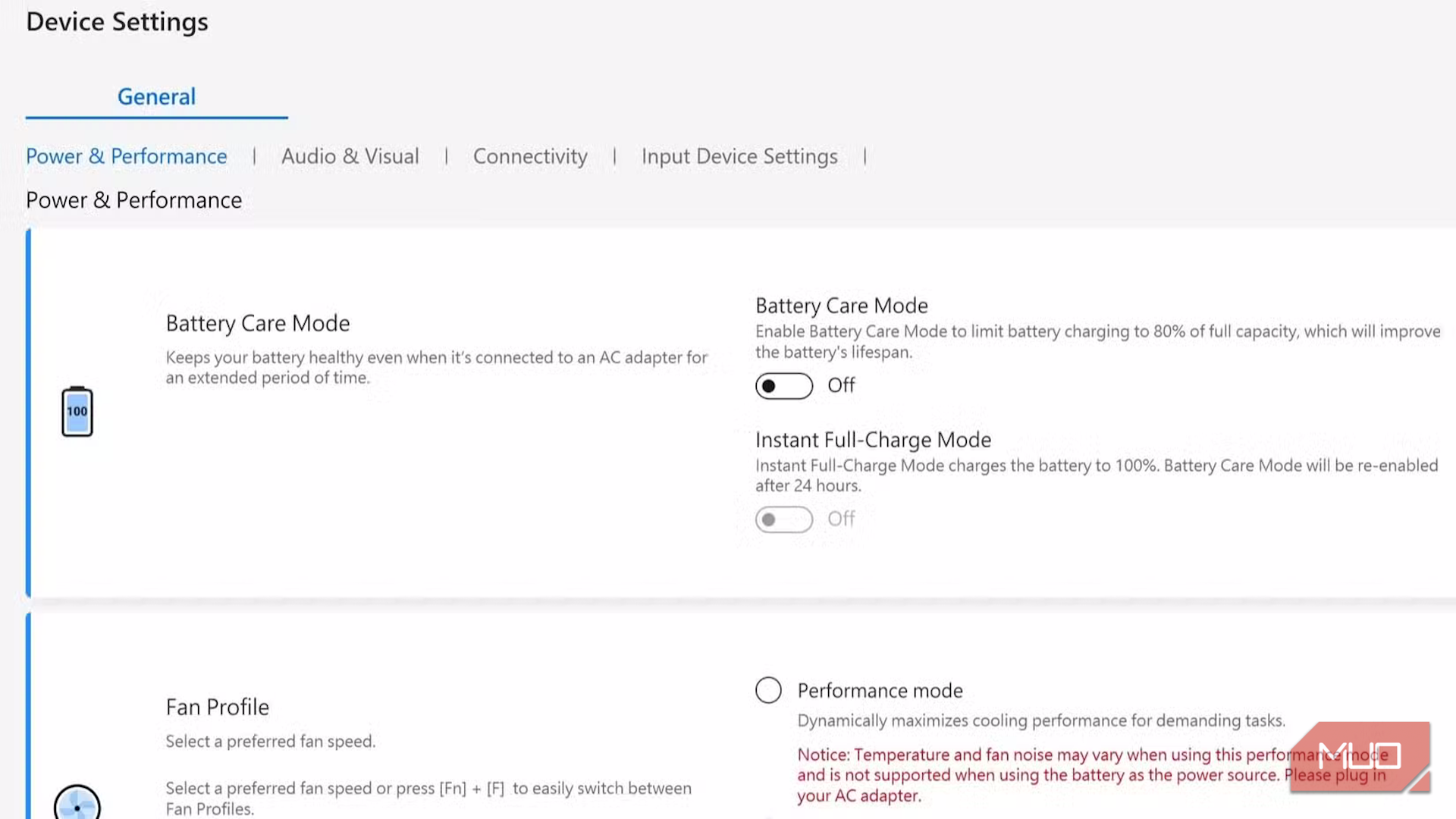 برگه تنظیمات دستگاه در برنامه MyAsus
