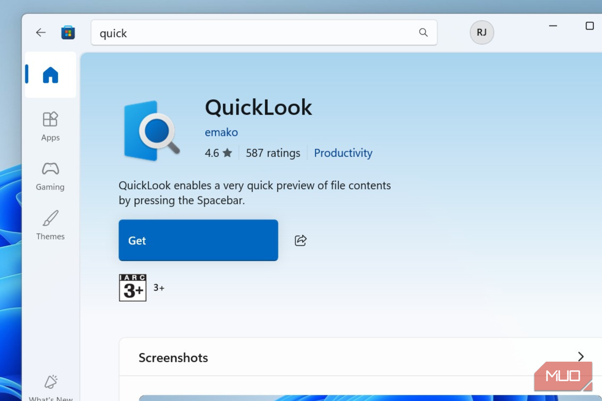بارگیری QuickLook از فروشگاه مایکروسافت در ویندوز