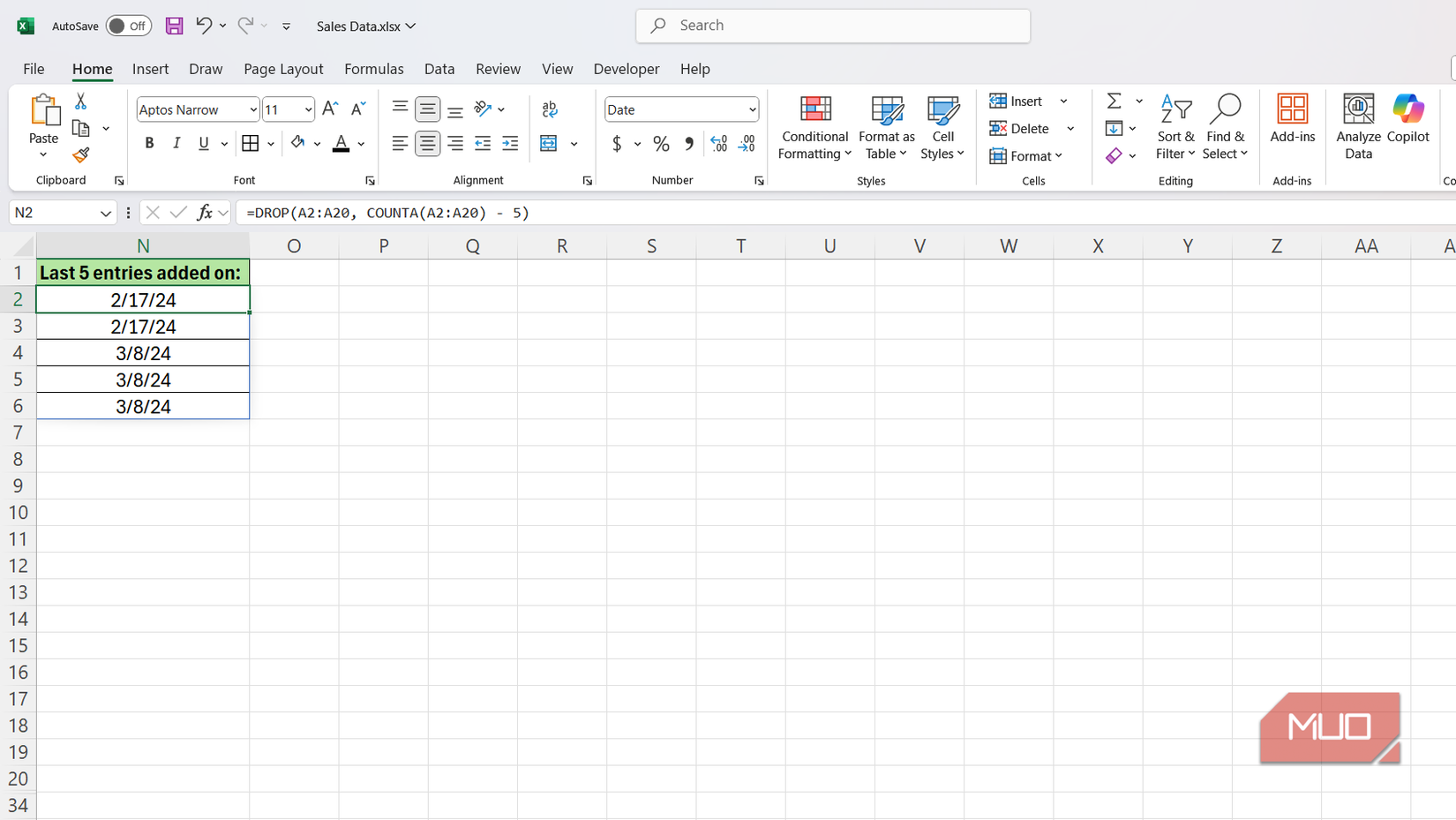 توابع DROP و COUNTA نشاندهنده آخرین 5 ورودی فروش در اکسل.