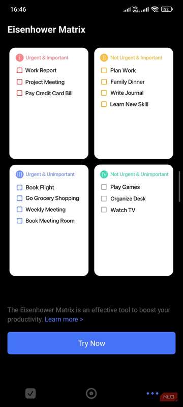 ماتریس ایزنهور در برنامه TickTick
