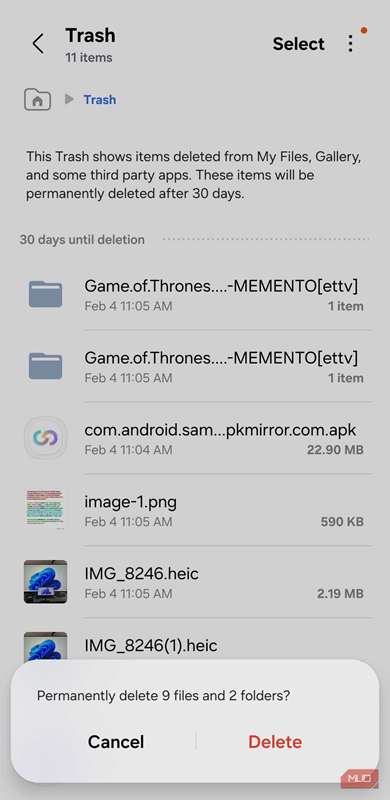 پوشهٔ زبالهدان خالی در برنامه My Files