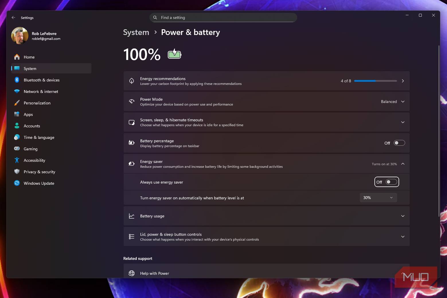 صفحهٔ قدرت و باتری