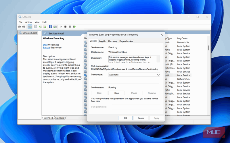 ویژگی‌های سرویس لاگ رویداد بر روی رایانه
