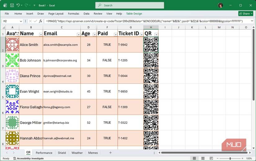 برگه اکسل با کدهای QR و تصاویر Gravatar
