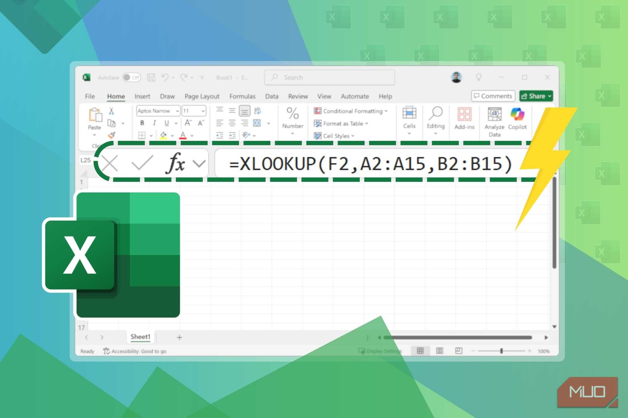 صفحه گسترده اکسل با تابع XLOOKUP در نوار فرمول و یک رعد و برق با لوگوی اکسل در پیشزمینه