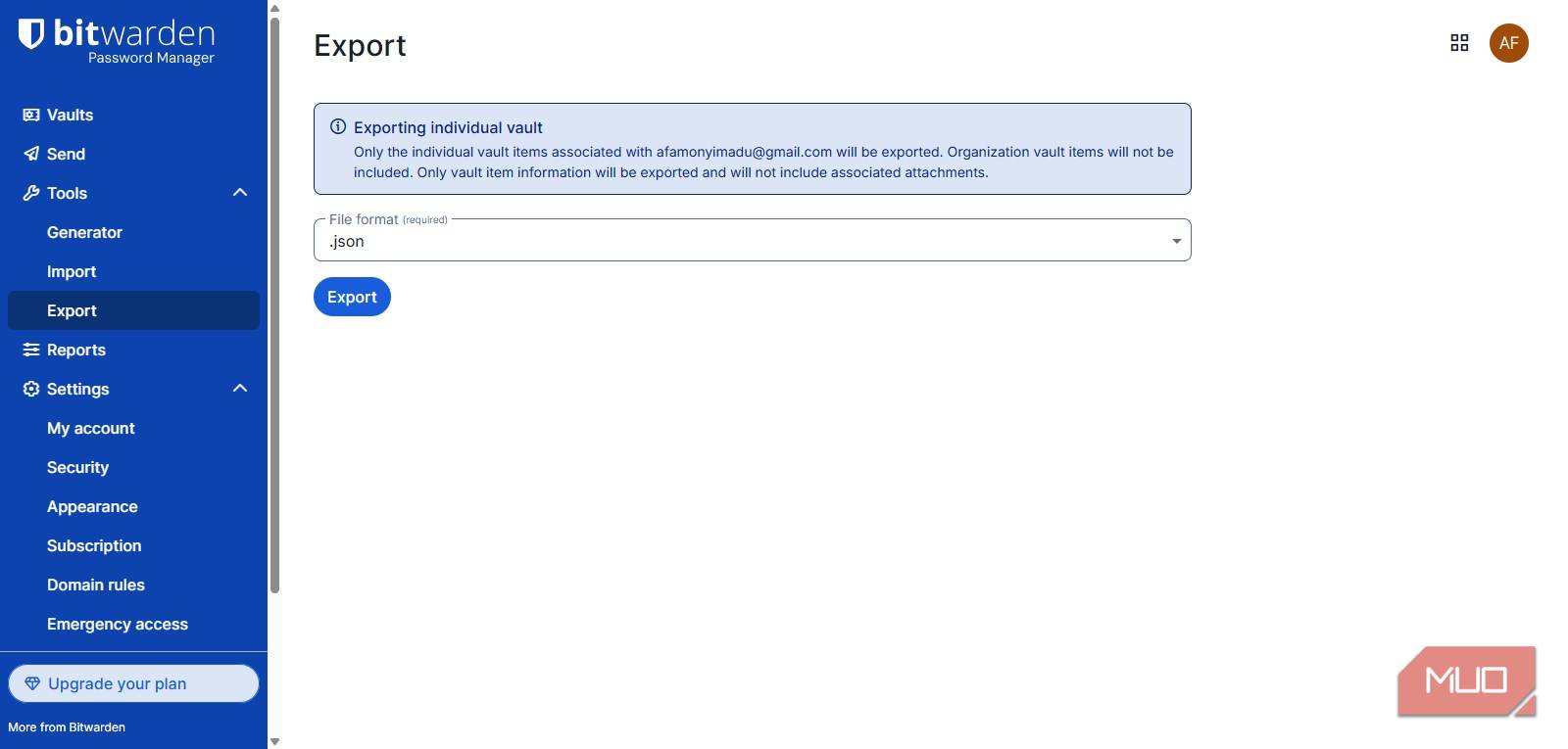 صادرات خزانه Bitwarden